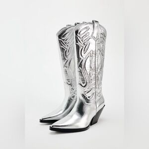 Zara Cowboy Boots Mid Calf Metallic Silver Western Boots